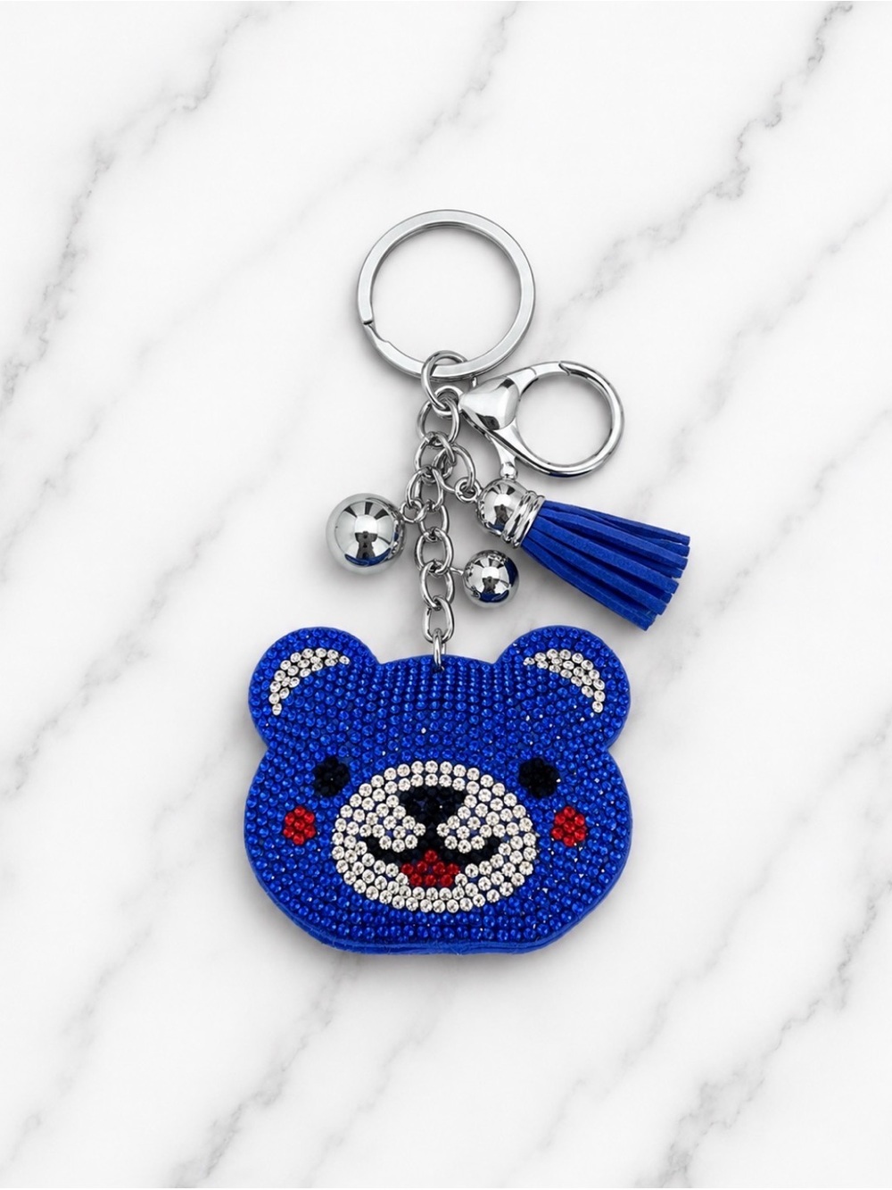 Blue Rhinestoned Bear Bag Charm/Keyring on Silver Hardware